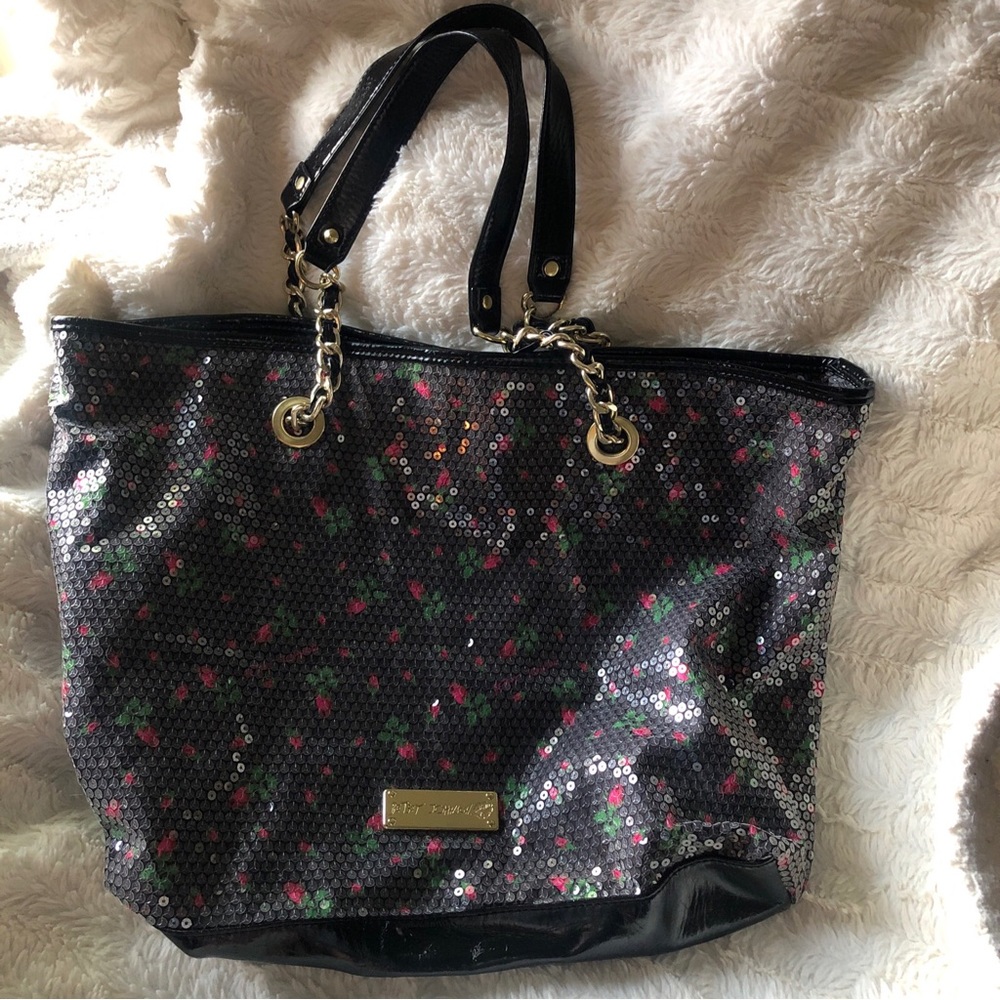 Betsy Johnson sequin floral (roses) Tote. Large  chain double handle